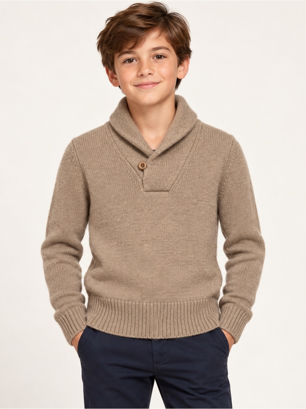 Ralph Lauren Boys cashmere wool blend Taupe Shawl Collar Knit Sweater